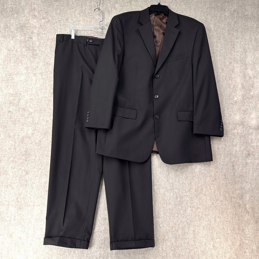 VAN HEUSEN 2 Piece Suit‎ Blazer Jacket 42R Brown Pin Striped Pants 38X30